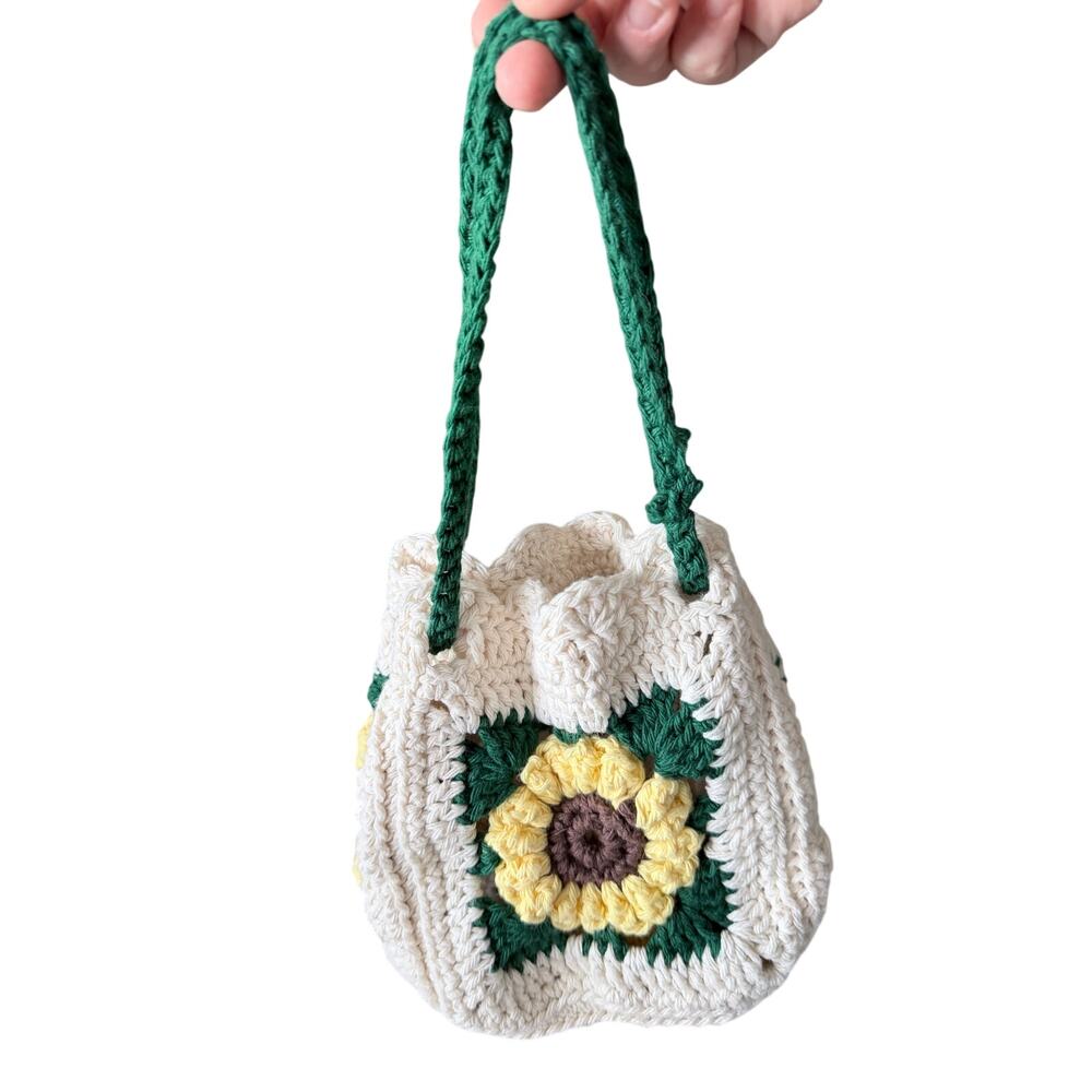 Handmade crochet granny square sunflower cotton drawstring bag cottagecore
